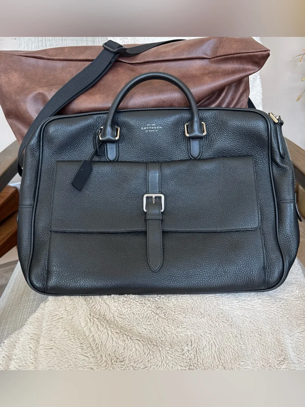 Smythson of Bond Street Burlington Black Pebble Leather Bag Montblanc Strap